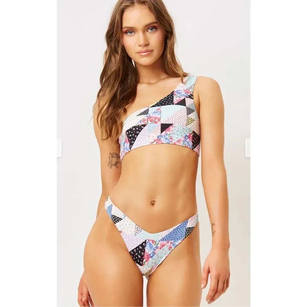 NWT Frankies Bikinis Barb One Shoulder Bikini Top in Patchwork Multi Pattern S